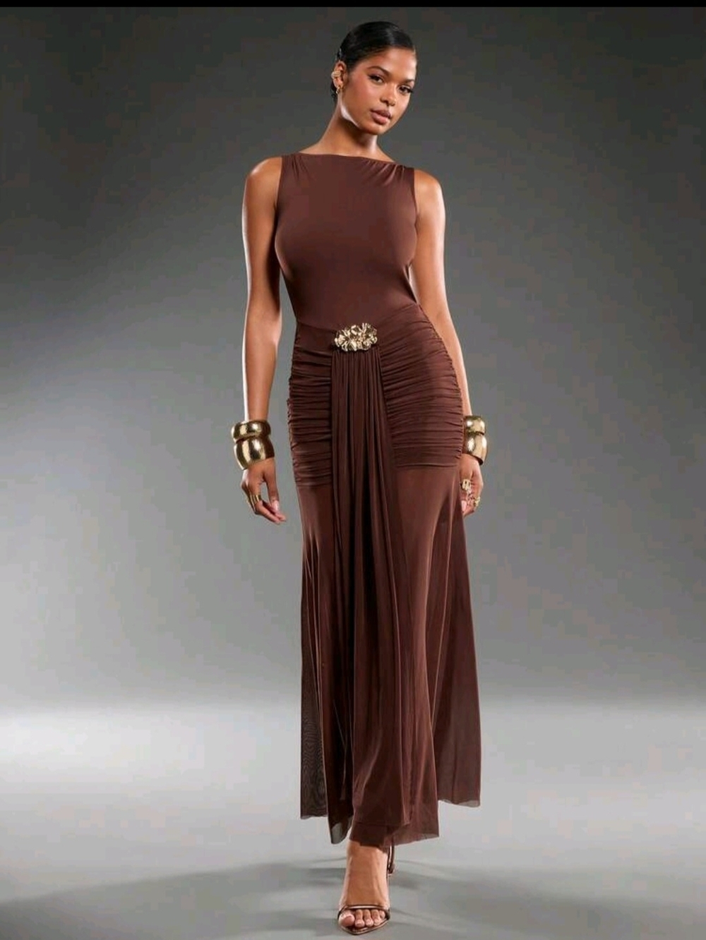 Sleeveless Brown Evening Gown with Gathered Waist